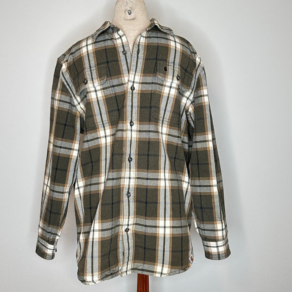 Carhartt Men's Heavyweight 100% Cotton Brown and Tan Plaid Button Down Size M